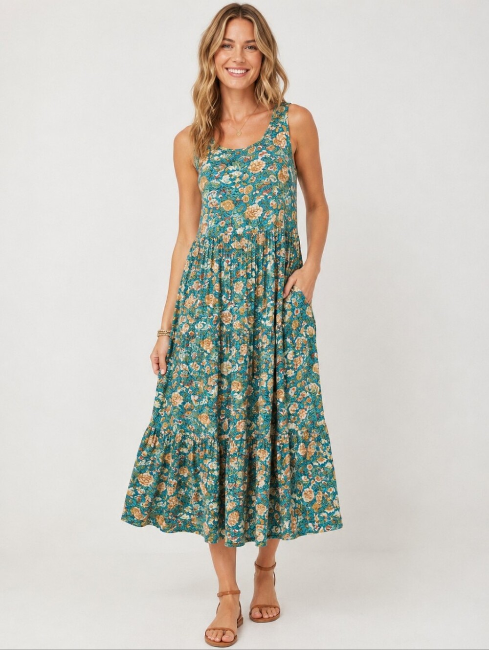 Peruvian Connection Jade Garden Floral Sleeveless Midi Dress XL Pima Cotton